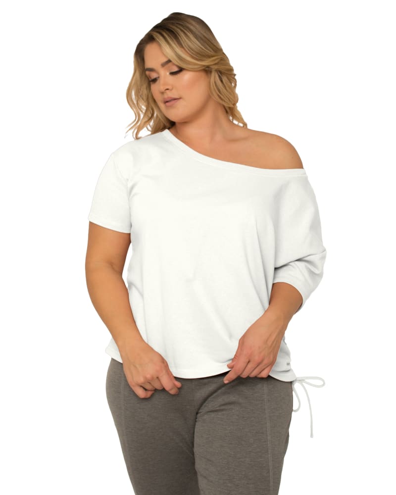 Front of a model wearing a size 1X Briana Boatneck Ruched Tee in Cream by Standards & Practices. | dia_product_style_image_id:275898